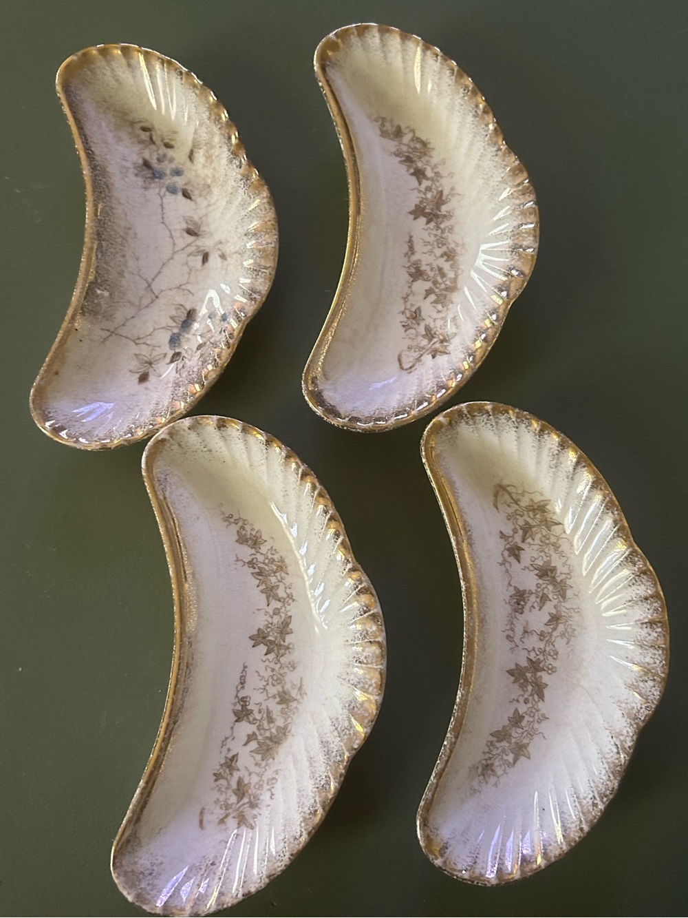 Vintage D&D Floral and Gold Crescent Shaped Bone Plates Off White Set of 4